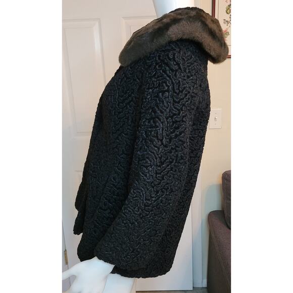 Vintage Black Curly Persian Lamb Jacket Coat Faux Mink Collar 1960s Size L - Picture 4 of 9